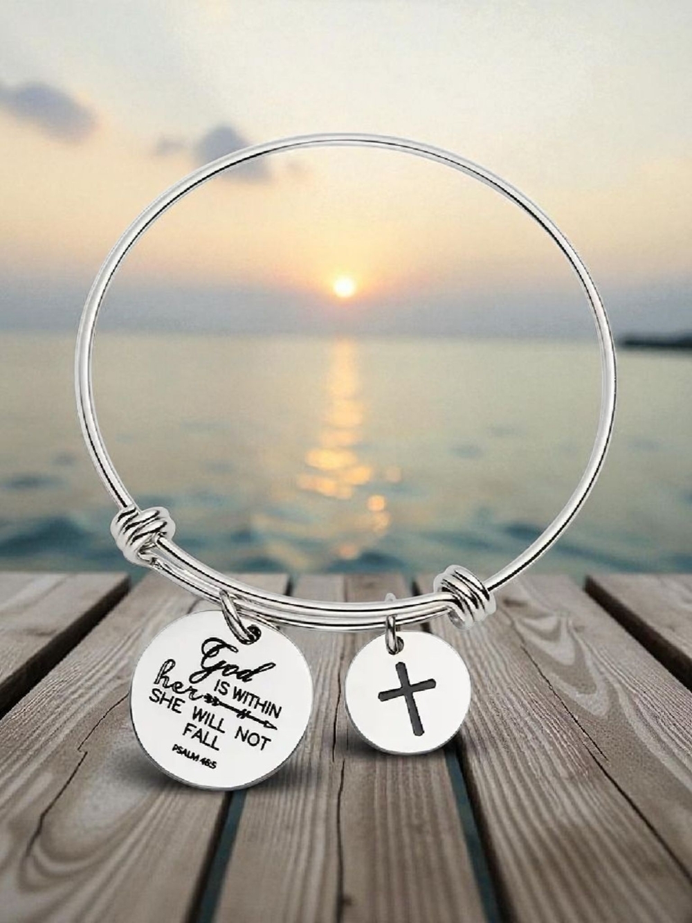 Silver Inspirational Charm Bangle Bracelet with Cross